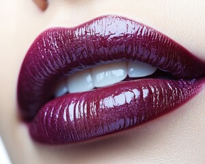 A pair of full, glossy mauve lips with soft creases, isolated on white background 