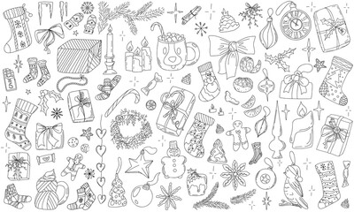 Merry Christmas and Happy New Year festive vector collection. Different hand drawn doodle elements, presents, cozy socks, Christmas tree decorations, baubles, Christmas ornaments, holidays attributes.