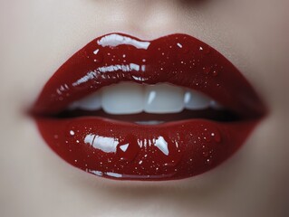 Obraz premium A pair of glossy, deep red lips in a slight pout, isolated on white background 