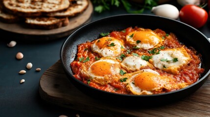 Skillet with shakshuka, featuring poached eggs in tomato sauce garnished with parsley, accompanied by toasted bread and fresh ingredients on a wooden board.
