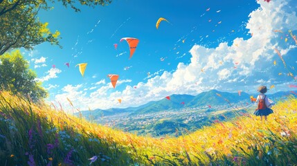 A young woman stands on a grassy hilltop, looking out at a valley with a bright blue sky and many colorful kites flying above.