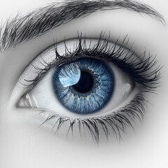A pale grey eye with soft reflection in the iris and high-definition detail in the surrounding lashes, isolated on white background 