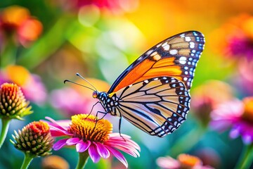 Fototapeta premium Colorful butterfly resting on flower in close-up