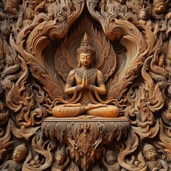 Intricate Wooden Carving Artistry with Textured Patterns and Ornate Floral Motifs