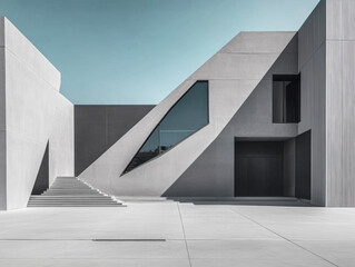 Modern architectural design with angular shapes and clean lines under a clear blue sky