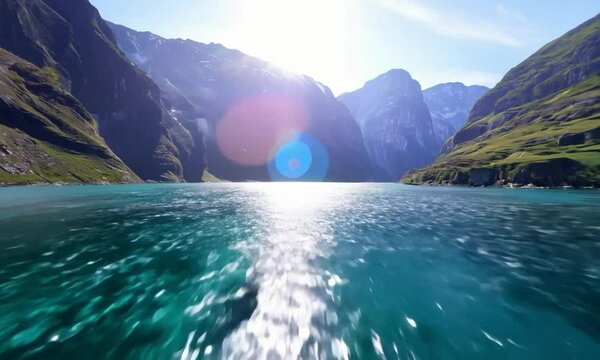 Continuous hyperspeed FPV: The camera glides through a fjord, transitioning through a portal to a jungle canopy.