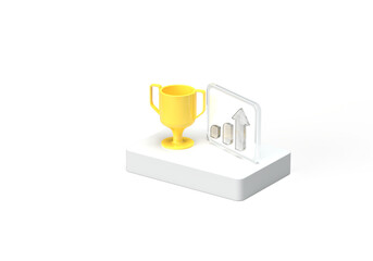 3d icon of champion cup and yellow up arrow and dashboard. Illustration on the theme of business, growth, development, learning, motivation, aspiration. Transparent background.