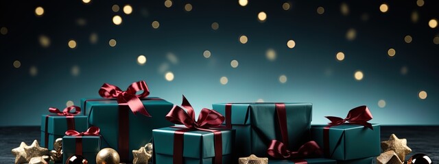 Set of blue or gold gift boxes with ribbons and gold Christmas balls on a light antique blue surface.