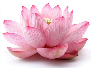 A pink lotus flower with wide, smooth petals and a detailed center, isolated on white background 