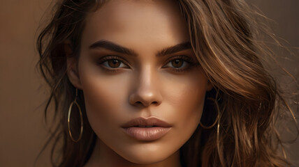 Naklejka premium Smiling brunette teen with long hair and perfect makeup looking at camera, close-up
