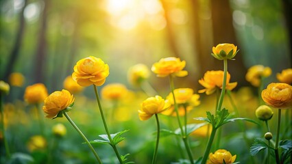 Fototapeta premium Minimalist yellow ranunculus flowers blooming on the forest edge