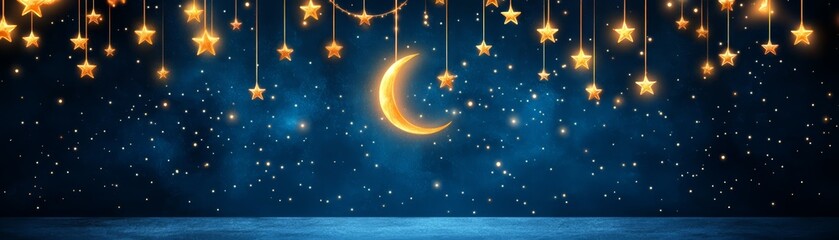 Fototapeta premium Night sky with crescent moon and glowing stars, creating a magical ambiance.