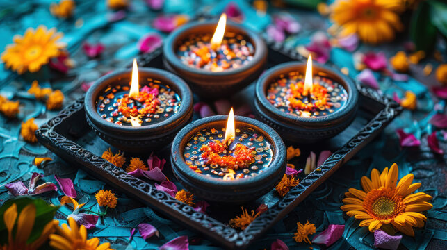 Four Clay diya candle with sparkle light in wooden box and colorful flower decorated in Diwali or Deepavali Hindu festival of India and gold lights celebration