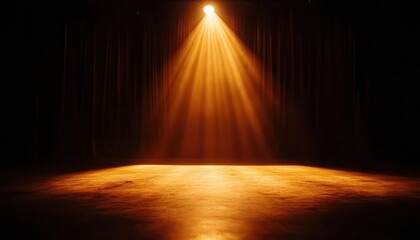 Obraz premium A spotlight shines brightly on an empty stage illuminating the floor with warm light. The curtains are drawn back revealing a space for a performance or presentation