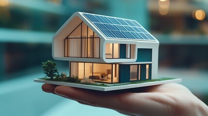 An engaging closeup of a hand holding a detailed miniature house model with solar panels, representing a commitment to green energy and sustainable living practices