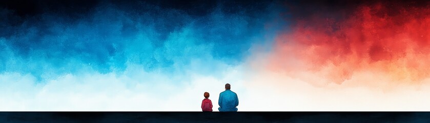 Fototapeta premium Person and child silhouetted against a colorful cloud background.