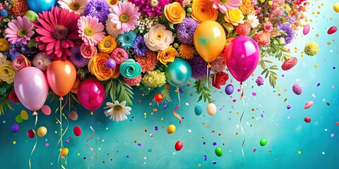 Colorful floral balloons and confetti arrangement at eye level decor