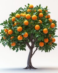 A realistic orange tree with clusters of oranges and glossy leaves, isolated on white background 