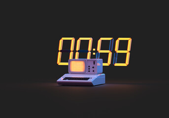 An old computer. The Basic image output code on the screen is orange. A timer of 59 seconds. 3d rendering on the topic of PC, code, programming, development, technology. Black background.