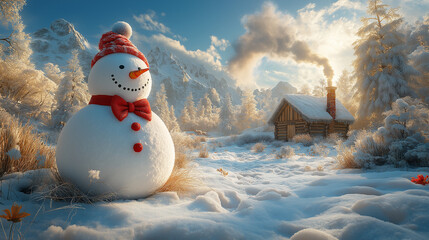 Fototapeta premium Winter Wonderland: A serene snow-covered landscape with a cozy cabin, smoke coming from the chimney, snow-covered pine trees, and a snowman in the yard, under a clear blue sky,background.