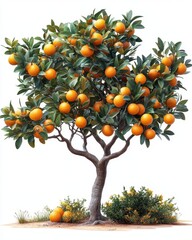 A realistic orange tree with clusters of oranges and glossy leaves, isolated on white background 