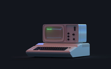 An old computer. On the screen there is a green inscription "Hello world!". 3d rendering on the topic of PC, code, programming, development, technology. Black background.