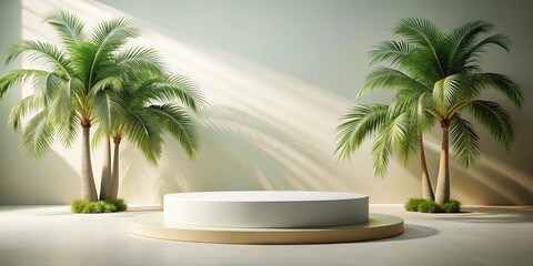 Obraz premium Minimalistic scene featuring a round podium surrounded by palm trees