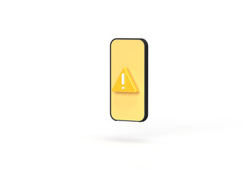 An exclamation mark in a yellow triangle and a phone in a black case. Glowing symbol. 3d render on the topic of security, hacked, hacker attack, error, failure. Transparent background.