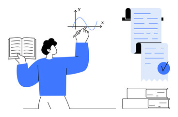 A person studies a math graph using a book with documents and receipts nearby. Ideal for education, finance, analysis, research, and organization themes. Modern minimalistic style