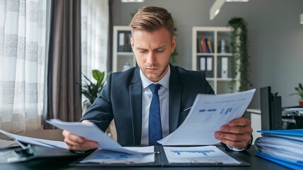 Professional Office Environment: Individual Reviewing Documents at Desk