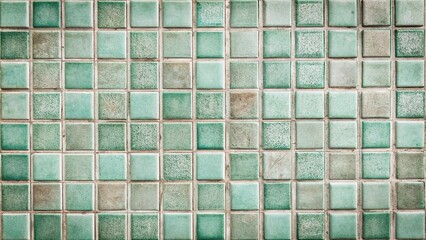 Mint gray tiles wall background with vintage square tiles from a high angle