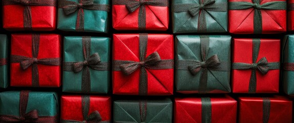 Brightly wrapped Christmas gifts in red and green arranged in a festive pattern for holiday season