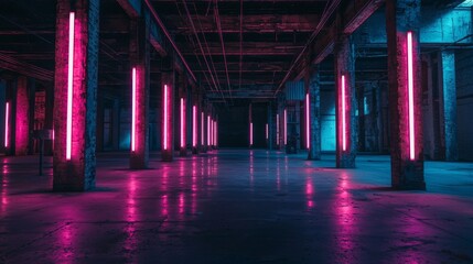 An abandoned warehouse with soft neon lights creating a sleek, minimal atmosphere. The soft neon lighting transforms the abandoned warehouse into a cool, minimalistic space.