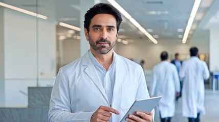A middle-aged Pakistani doctor in a modern clinic, dressed in a white lab coat and holding a tablet, representing professionalism and modern healthcare.