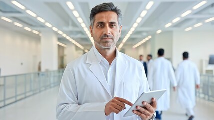 "Middle-aged Pakistani doctor in a modern clinic, wearing a white lab coat and holding a tablet, symbolizing professionalism and advanced healthcare.