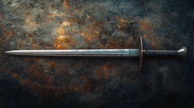 detailed view of sword resting on textured surface, showcasing its sharp blade and ornate handle. contrast between metallic finish and dark background creates striking visual impact