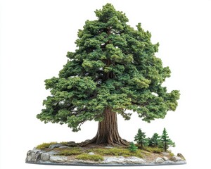 A sequoia tree with a massive trunk and towering height, isolated on white background 