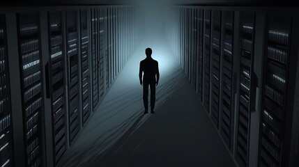 An anonymous figure dressed in dark clothing standing amidst rows of servers, with faint glowing lights from the hardware, symbolizing data theft and the vulnerability of network systems.