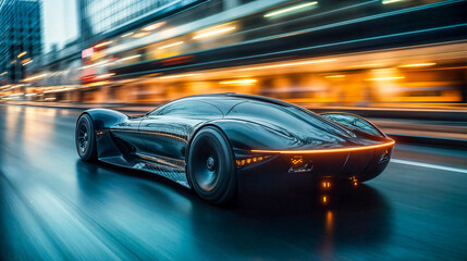 Naklejka premium Voiture futuriste roulant vite sur la route