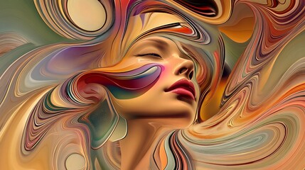 A mesmerizing depiction of a womans face emerging from a kaleidoscope of colors and forms, creating a surreal and dreamlike effect