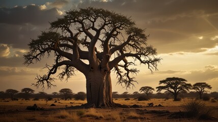 A majestic baobab tree stands tall against a dramatic sunset sky in the African savanna.