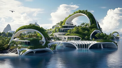 Futuristic Cityscape on an Island with Unique Buildings