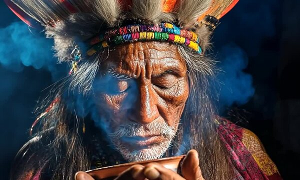 Spiritual awakening. The shaman and the sacred smoke of ayahuasca. Sacred ritual