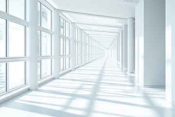 Fototapeta premium A bright, minimalist corridor with large windows casting shadows on the floor, creating a serene and open atmosphere.