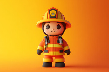 A cheerful cartoon firefighter character in bright orange gear against a gradient background.