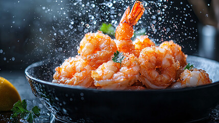 Crispy fried shrimp with splash of water, garnished with fresh parsley and slice of lemon, creating vibrant and appetizing presentation