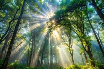 Fototapeta premium Misty forest with sunlight streaming through canopy