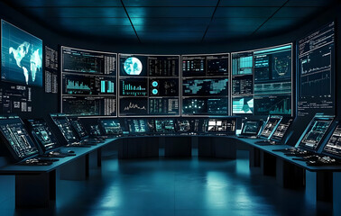 Futuristic Control Room with Large Display Screens