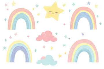 Cute pastel illustration featuring rainbows, stars, and clouds, perfect for children's designs and whimsical projects.