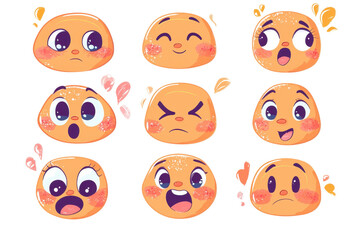 Fototapeta premium Set of cute cartoon emojis with various facial expressions, showing joy, anger, surprise, and curiosity. Colorful, playful design.